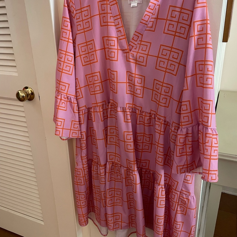 Geometric Pink and Orange Dress Greek key design